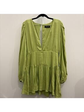 Light Green White Fox Long Sleeve V-Neck Mini Dress